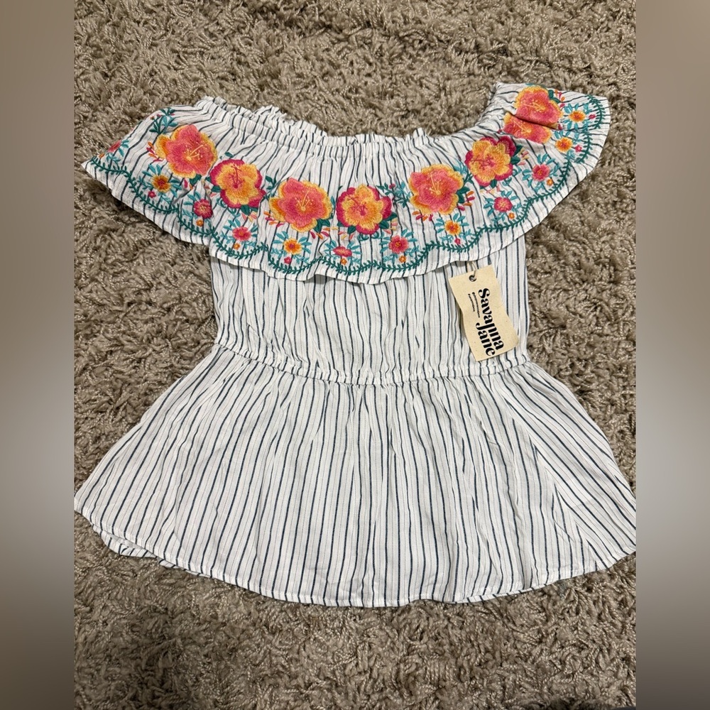 NEW! Savanna Jane Striped Off-Shoulder Top with Floral Embroidery